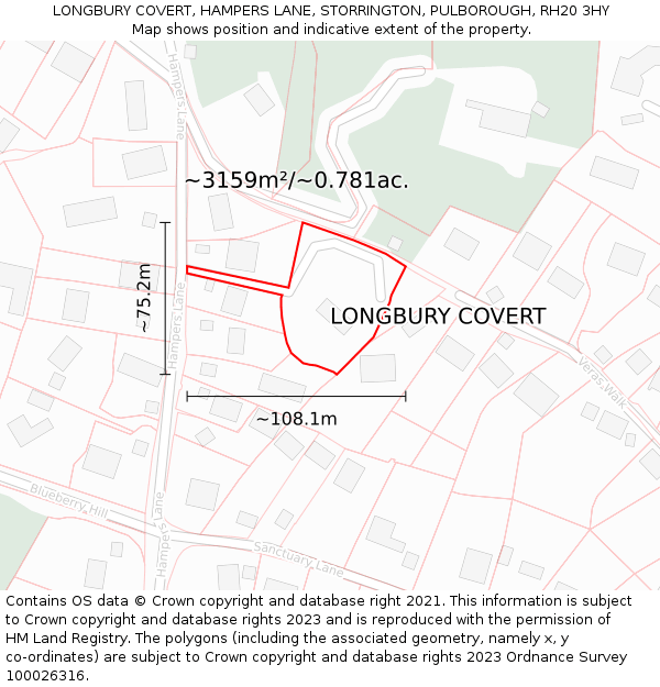 LONGBURY COVERT, HAMPERS LANE, STORRINGTON, PULBOROUGH, RH20 3HY: Plot and title map