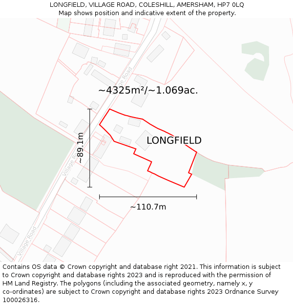 LONGFIELD, VILLAGE ROAD, COLESHILL, AMERSHAM, HP7 0LQ: Plot and title map