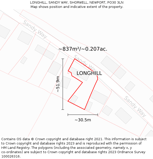LONGHILL, SANDY WAY, SHORWELL, NEWPORT, PO30 3LN: Plot and title map
