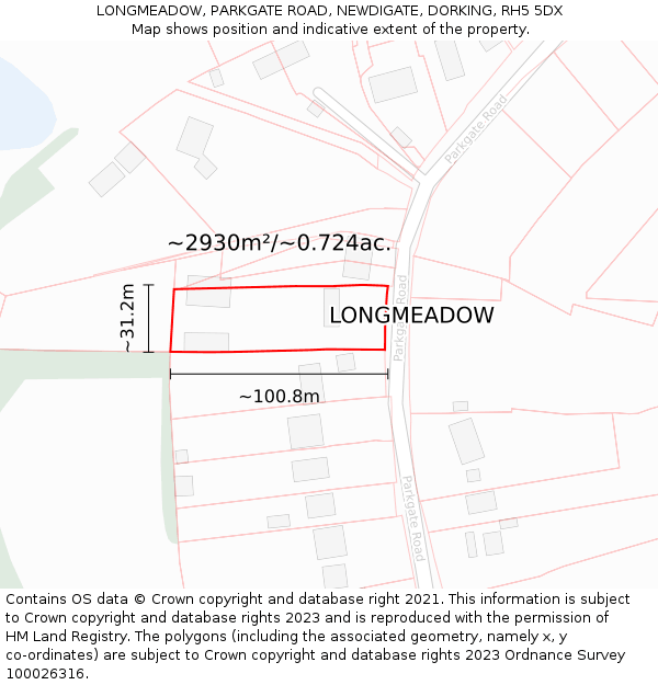 LONGMEADOW, PARKGATE ROAD, NEWDIGATE, DORKING, RH5 5DX: Plot and title map