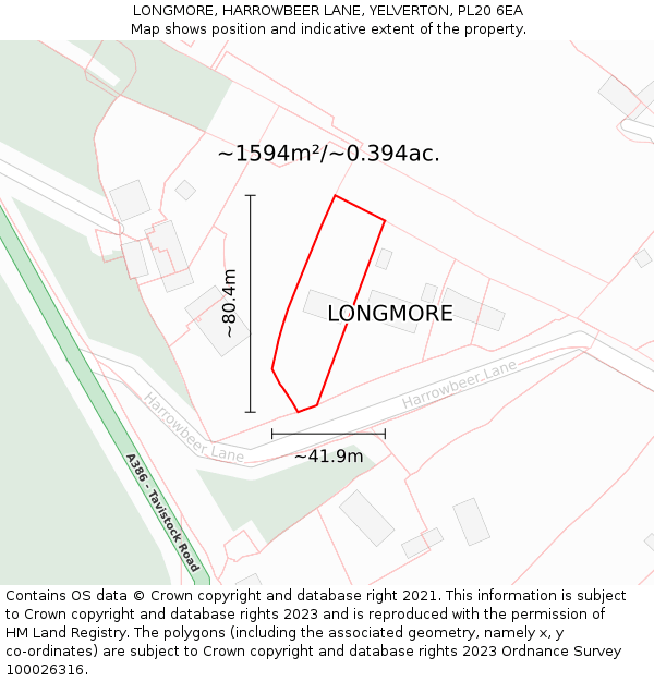 LONGMORE, HARROWBEER LANE, YELVERTON, PL20 6EA: Plot and title map