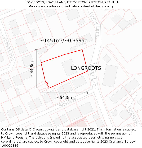 LONGROOTS, LOWER LANE, FRECKLETON, PRESTON, PR4 1HH: Plot and title map