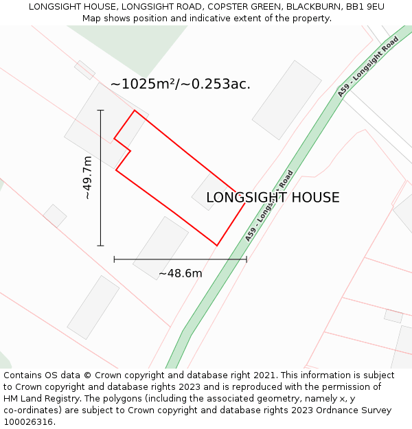 LONGSIGHT HOUSE, LONGSIGHT ROAD, COPSTER GREEN, BLACKBURN, BB1 9EU: Plot and title map