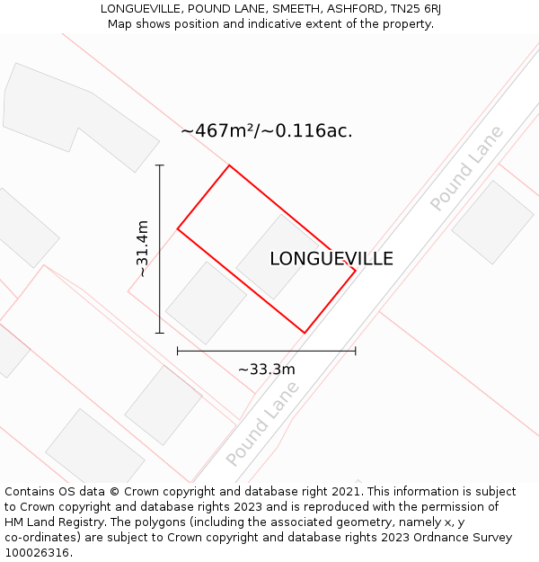LONGUEVILLE, POUND LANE, SMEETH, ASHFORD, TN25 6RJ: Plot and title map