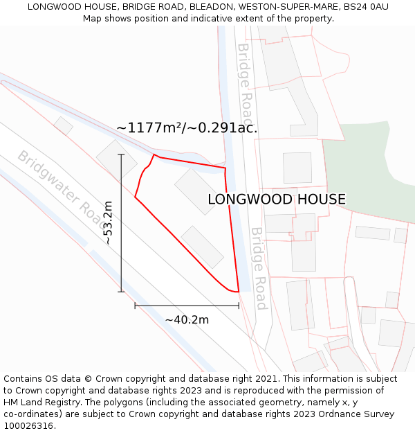 LONGWOOD HOUSE, BRIDGE ROAD, BLEADON, WESTON-SUPER-MARE, BS24 0AU: Plot and title map