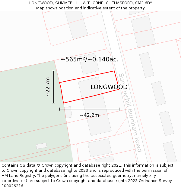 LONGWOOD, SUMMERHILL, ALTHORNE, CHELMSFORD, CM3 6BY: Plot and title map