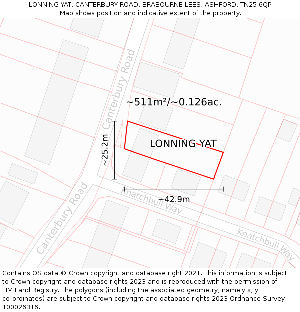 LONNING YAT, CANTERBURY ROAD, BRABOURNE LEES, ASHFORD, TN25 6QP: Plot and title map
