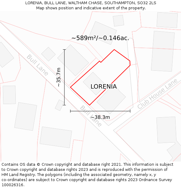 LORENIA, BULL LANE, WALTHAM CHASE, SOUTHAMPTON, SO32 2LS: Plot and title map