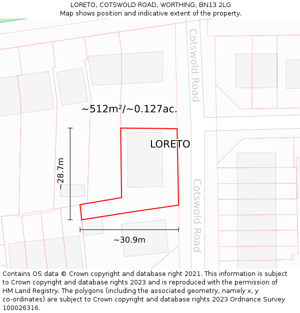 LORETO, COTSWOLD ROAD, WORTHING, BN13 2LG: Plot and title map