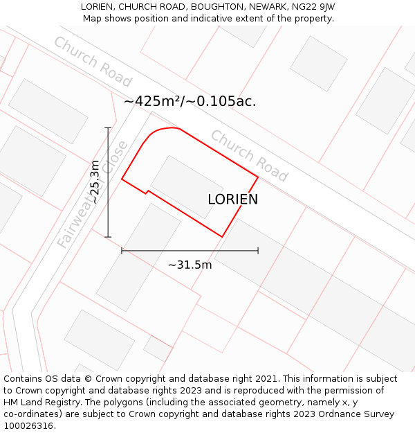 LORIEN, CHURCH ROAD, BOUGHTON, NEWARK, NG22 9JW: Plot and title map