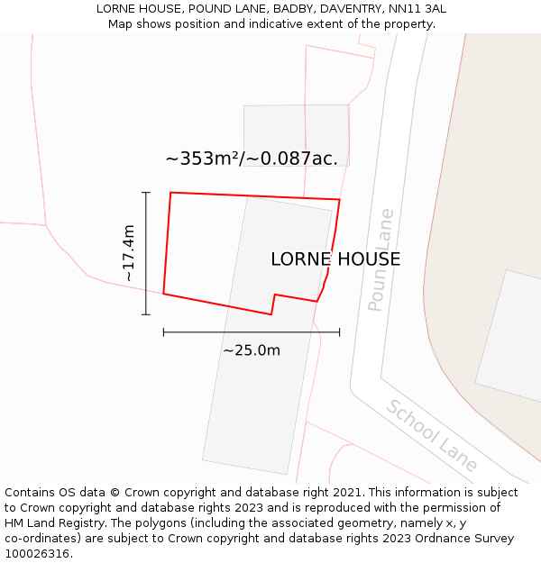 LORNE HOUSE, POUND LANE, BADBY, DAVENTRY, NN11 3AL: Plot and title map