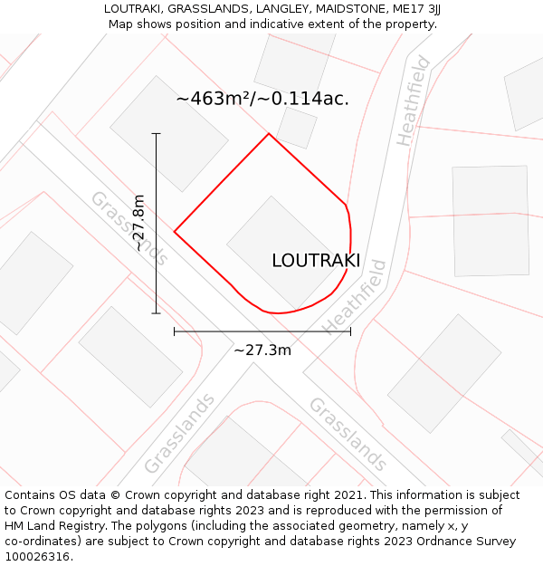 LOUTRAKI, GRASSLANDS, LANGLEY, MAIDSTONE, ME17 3JJ: Plot and title map