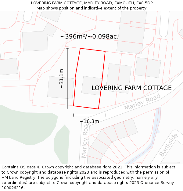 LOVERING FARM COTTAGE, MARLEY ROAD, EXMOUTH, EX8 5DP: Plot and title map