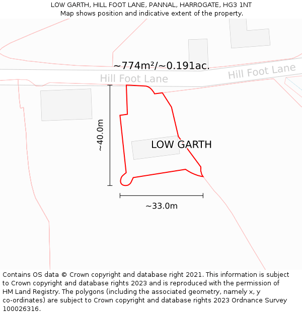 LOW GARTH, HILL FOOT LANE, PANNAL, HARROGATE, HG3 1NT: Plot and title map
