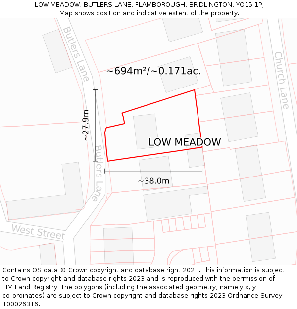 LOW MEADOW, BUTLERS LANE, FLAMBOROUGH, BRIDLINGTON, YO15 1PJ: Plot and title map