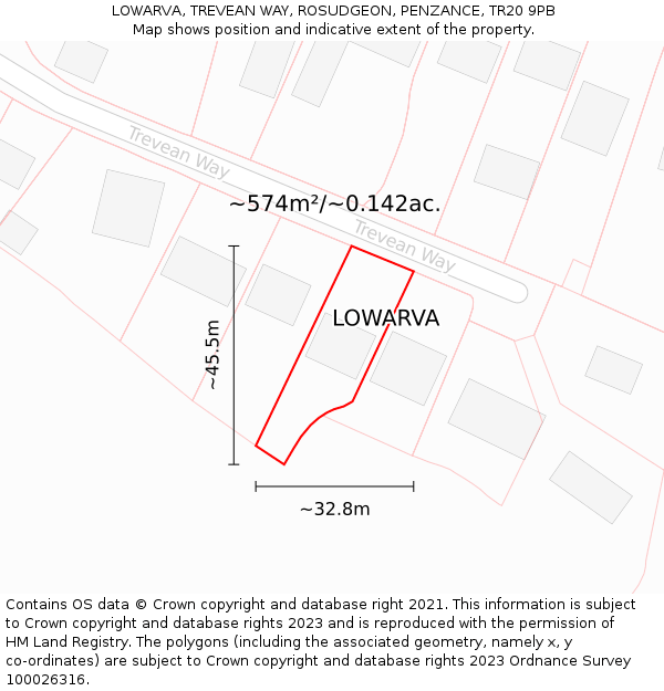 LOWARVA, TREVEAN WAY, ROSUDGEON, PENZANCE, TR20 9PB: Plot and title map