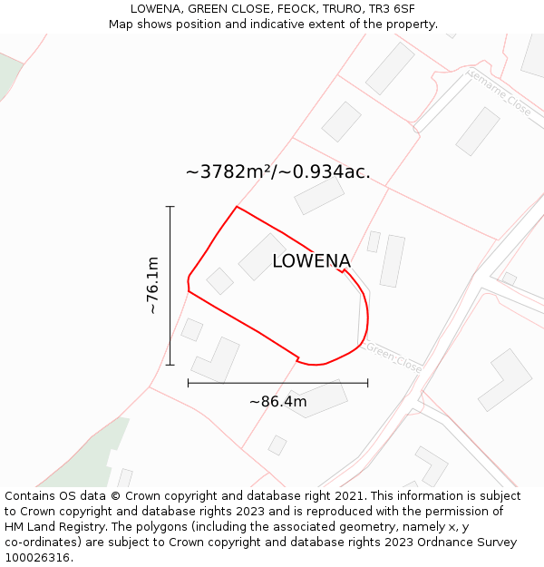 LOWENA, GREEN CLOSE, FEOCK, TRURO, TR3 6SF: Plot and title map