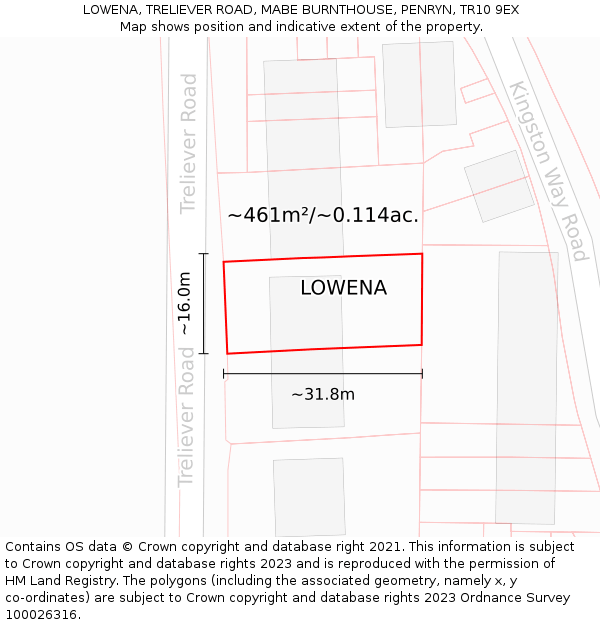 LOWENA, TRELIEVER ROAD, MABE BURNTHOUSE, PENRYN, TR10 9EX: Plot and title map