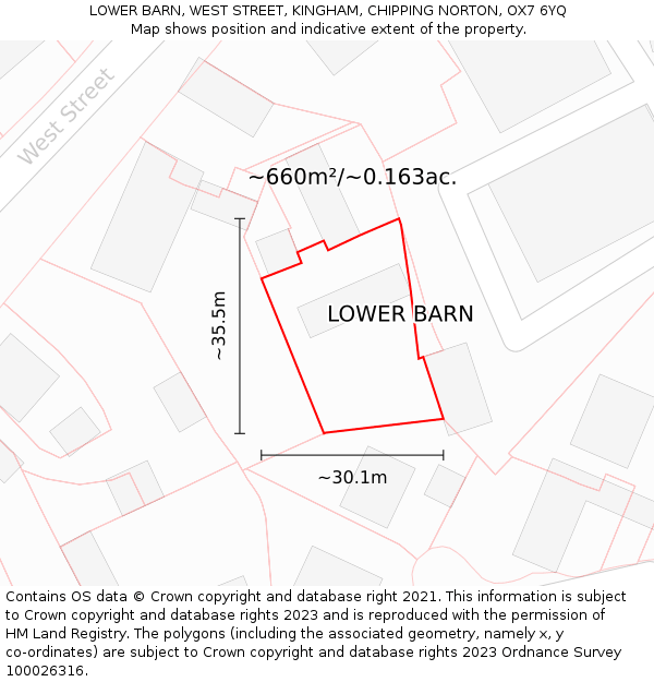 LOWER BARN, WEST STREET, KINGHAM, CHIPPING NORTON, OX7 6YQ: Plot and title map