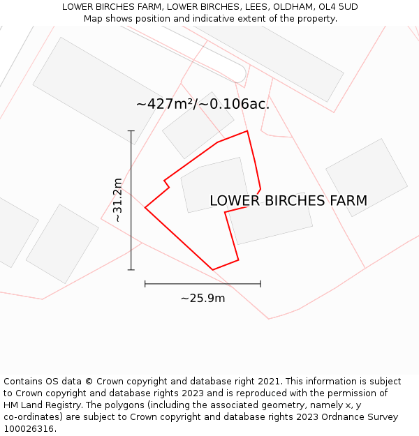 LOWER BIRCHES FARM, LOWER BIRCHES, LEES, OLDHAM, OL4 5UD: Plot and title map
