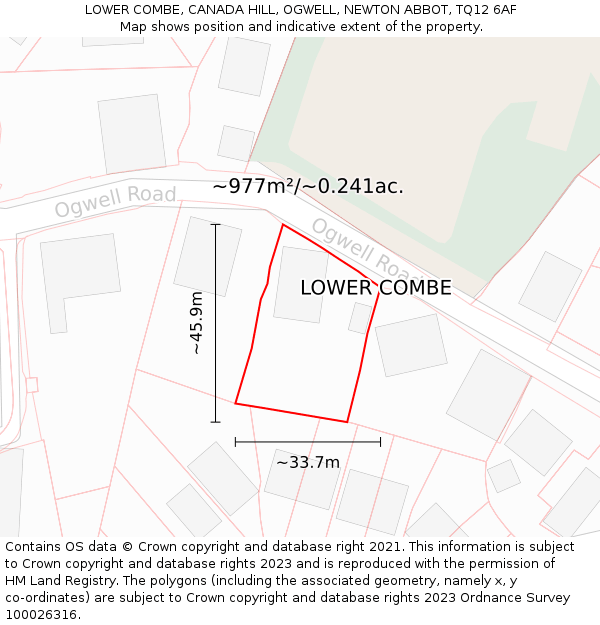 LOWER COMBE, CANADA HILL, OGWELL, NEWTON ABBOT, TQ12 6AF: Plot and title map