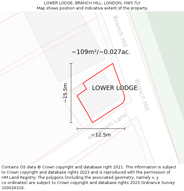 LOWER LODGE, BRANCH HILL, LONDON, NW3 7LY: Plot and title map