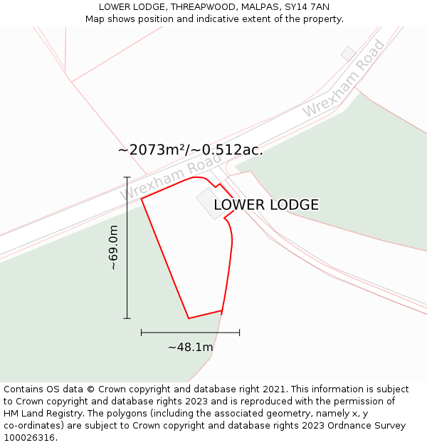 LOWER LODGE, THREAPWOOD, MALPAS, SY14 7AN: Plot and title map