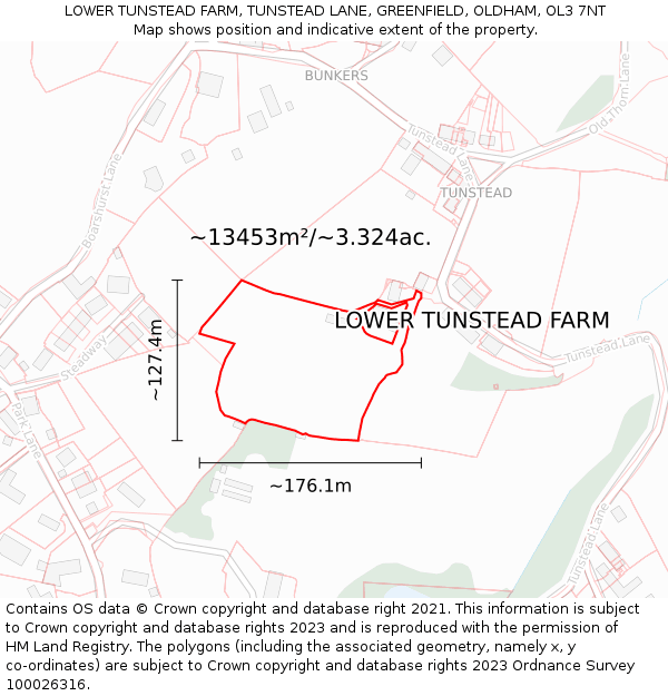 LOWER TUNSTEAD FARM, TUNSTEAD LANE, GREENFIELD, OLDHAM, OL3 7NT: Plot and title map