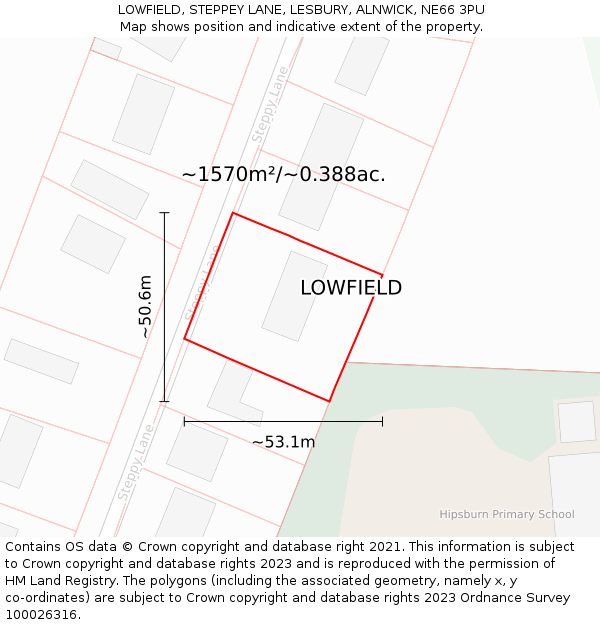 LOWFIELD, STEPPEY LANE, LESBURY, ALNWICK, NE66 3PU: Plot and title map