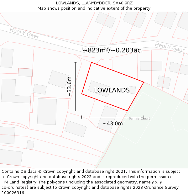 LOWLANDS, LLANYBYDDER, SA40 9RZ: Plot and title map