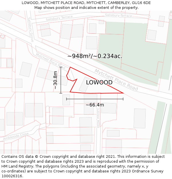LOWOOD, MYTCHETT PLACE ROAD, MYTCHETT, CAMBERLEY, GU16 6DE: Plot and title map
