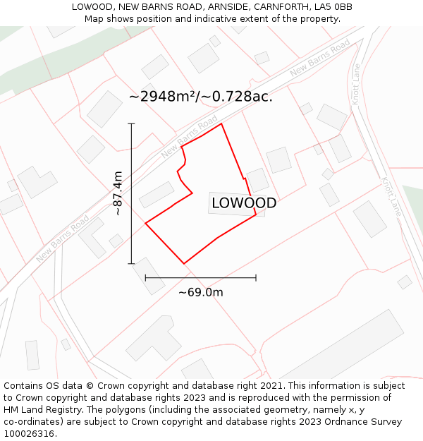 LOWOOD, NEW BARNS ROAD, ARNSIDE, CARNFORTH, LA5 0BB: Plot and title map