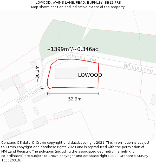 LOWOOD, WHINS LANE, READ, BURNLEY, BB12 7RB: Plot and title map