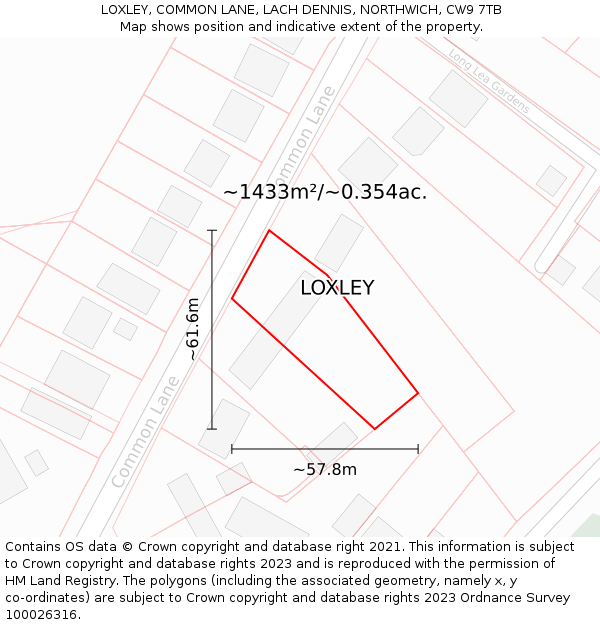 LOXLEY, COMMON LANE, LACH DENNIS, NORTHWICH, CW9 7TB: Plot and title map