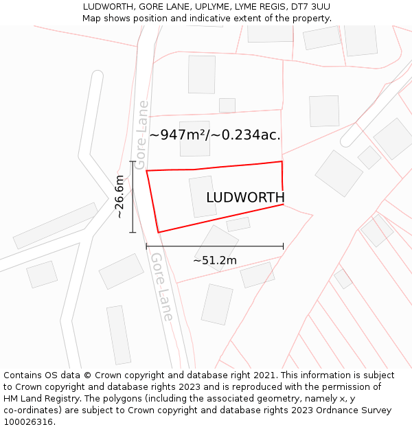 LUDWORTH, GORE LANE, UPLYME, LYME REGIS, DT7 3UU: Plot and title map