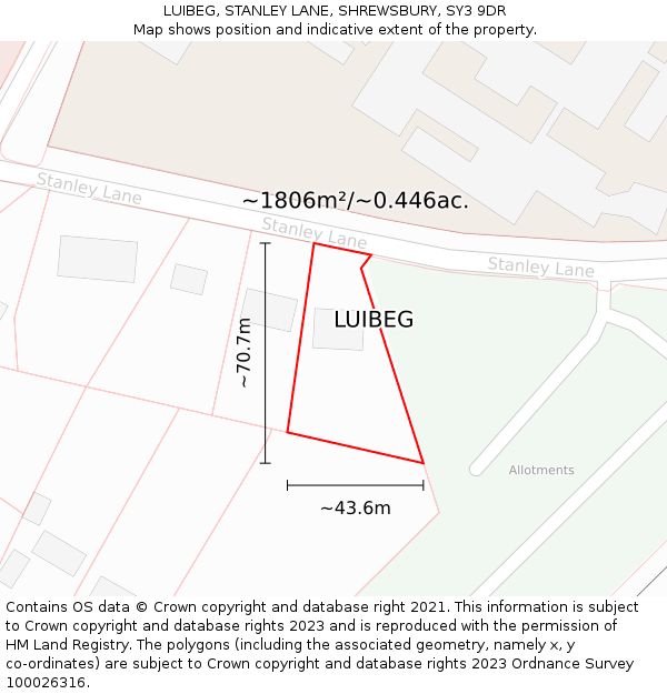 LUIBEG, STANLEY LANE, SHREWSBURY, SY3 9DR: Plot and title map