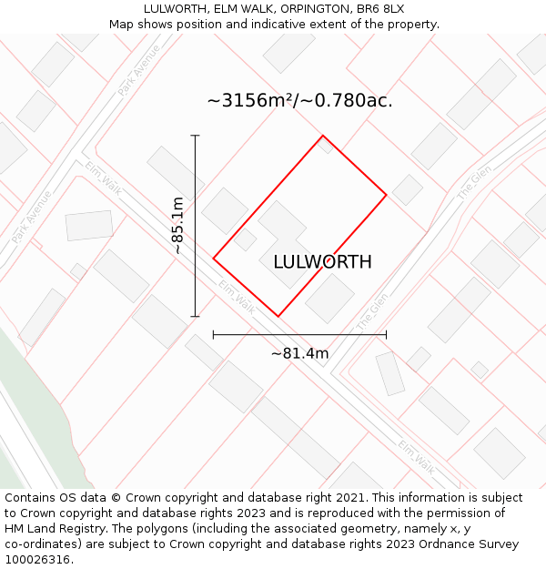 LULWORTH, ELM WALK, ORPINGTON, BR6 8LX: Plot and title map