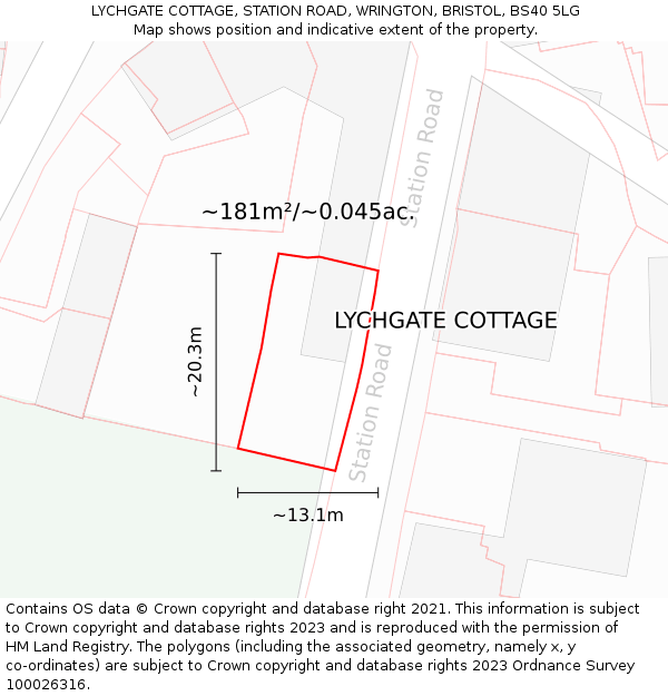 LYCHGATE COTTAGE, STATION ROAD, WRINGTON, BRISTOL, BS40 5LG: Plot and title map