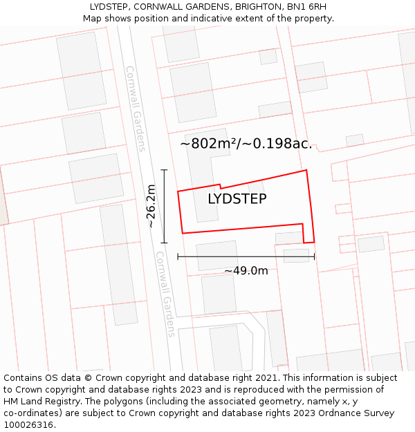 LYDSTEP, CORNWALL GARDENS, BRIGHTON, BN1 6RH: Plot and title map