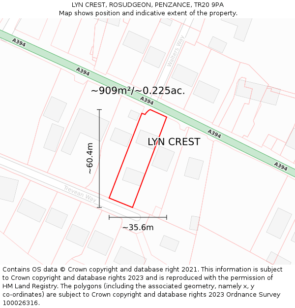LYN CREST, ROSUDGEON, PENZANCE, TR20 9PA: Plot and title map