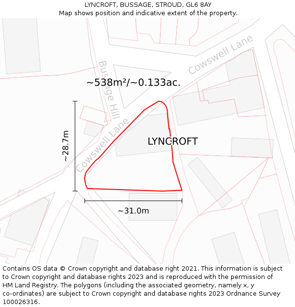 LYNCROFT, BUSSAGE, STROUD, GL6 8AY: Plot and title map