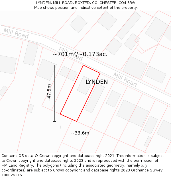 LYNDEN, MILL ROAD, BOXTED, COLCHESTER, CO4 5RW: Plot and title map