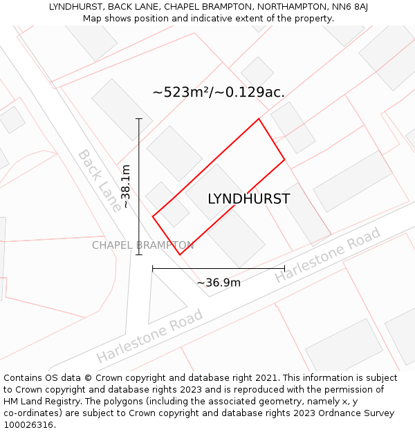 LYNDHURST, BACK LANE, CHAPEL BRAMPTON, NORTHAMPTON, NN6 8AJ: Plot and title map