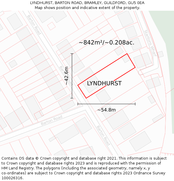 LYNDHURST, BARTON ROAD, BRAMLEY, GUILDFORD, GU5 0EA: Plot and title map