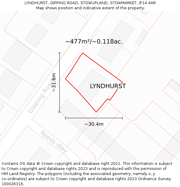 LYNDHURST, GIPPING ROAD, STOWUPLAND, STOWMARKET, IP14 4AR: Plot and title map