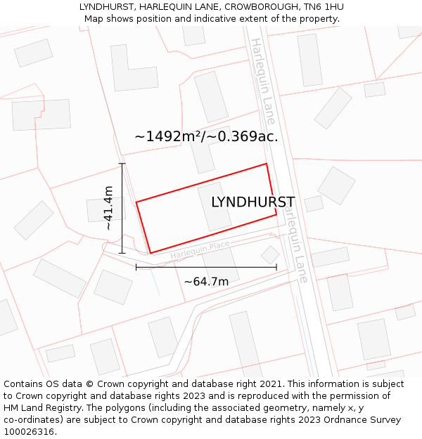 LYNDHURST, HARLEQUIN LANE, CROWBOROUGH, TN6 1HU: Plot and title map