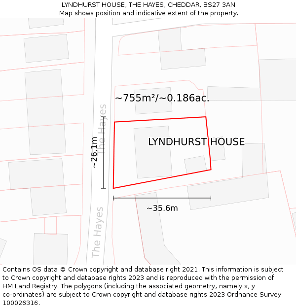 LYNDHURST HOUSE, THE HAYES, CHEDDAR, BS27 3AN: Plot and title map