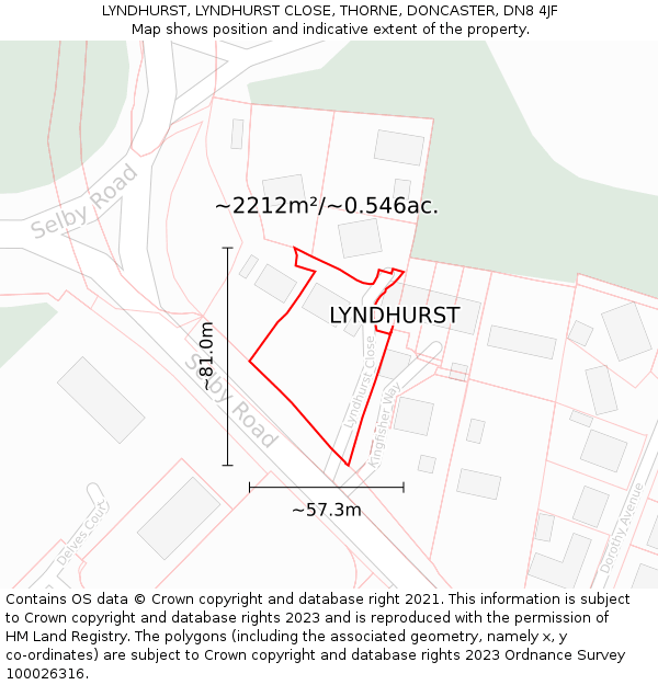 LYNDHURST, LYNDHURST CLOSE, THORNE, DONCASTER, DN8 4JF: Plot and title map