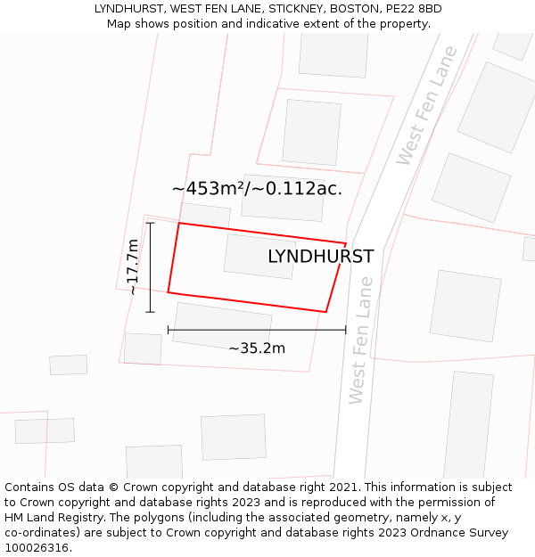 LYNDHURST, WEST FEN LANE, STICKNEY, BOSTON, PE22 8BD: Plot and title map