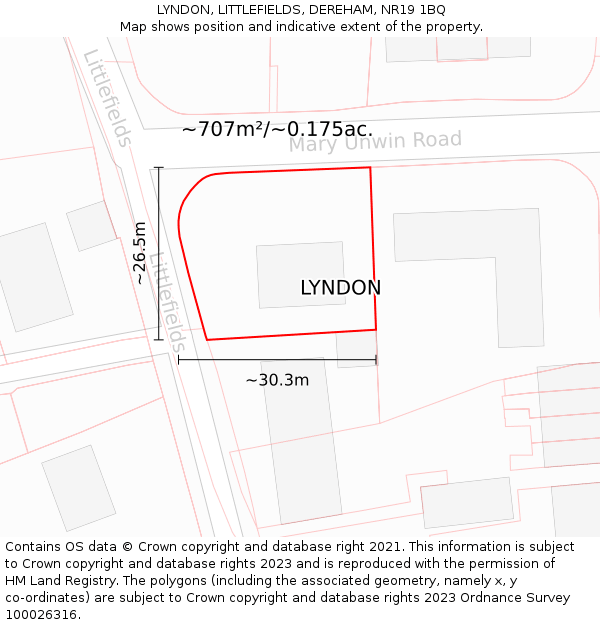 LYNDON, LITTLEFIELDS, DEREHAM, NR19 1BQ: Plot and title map